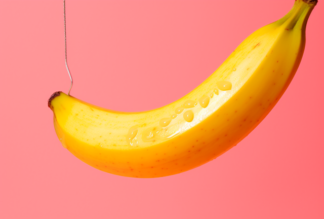 Suspended Ripe Banana on Pink