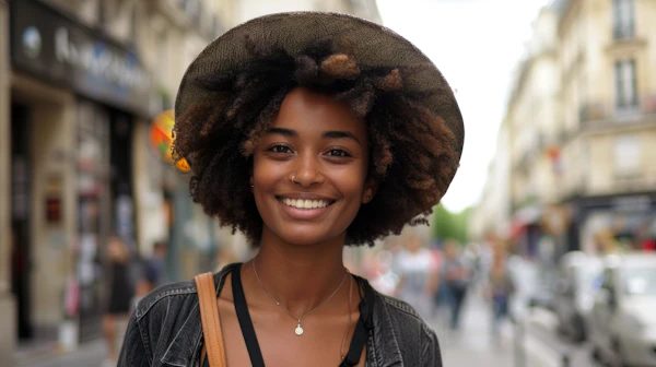 Radiant Smile on Busy Street
