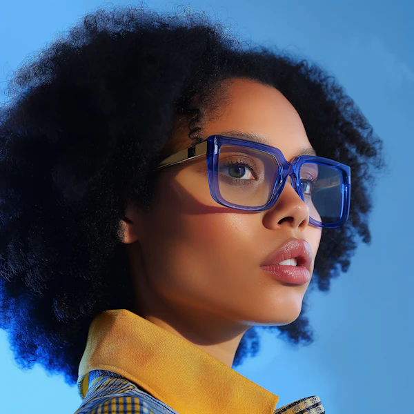 Portrait of a Young Woman with Curly Hair and Blue Glasses