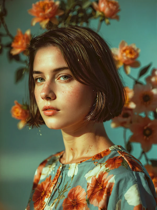 Contemplative Woman with Floral Background