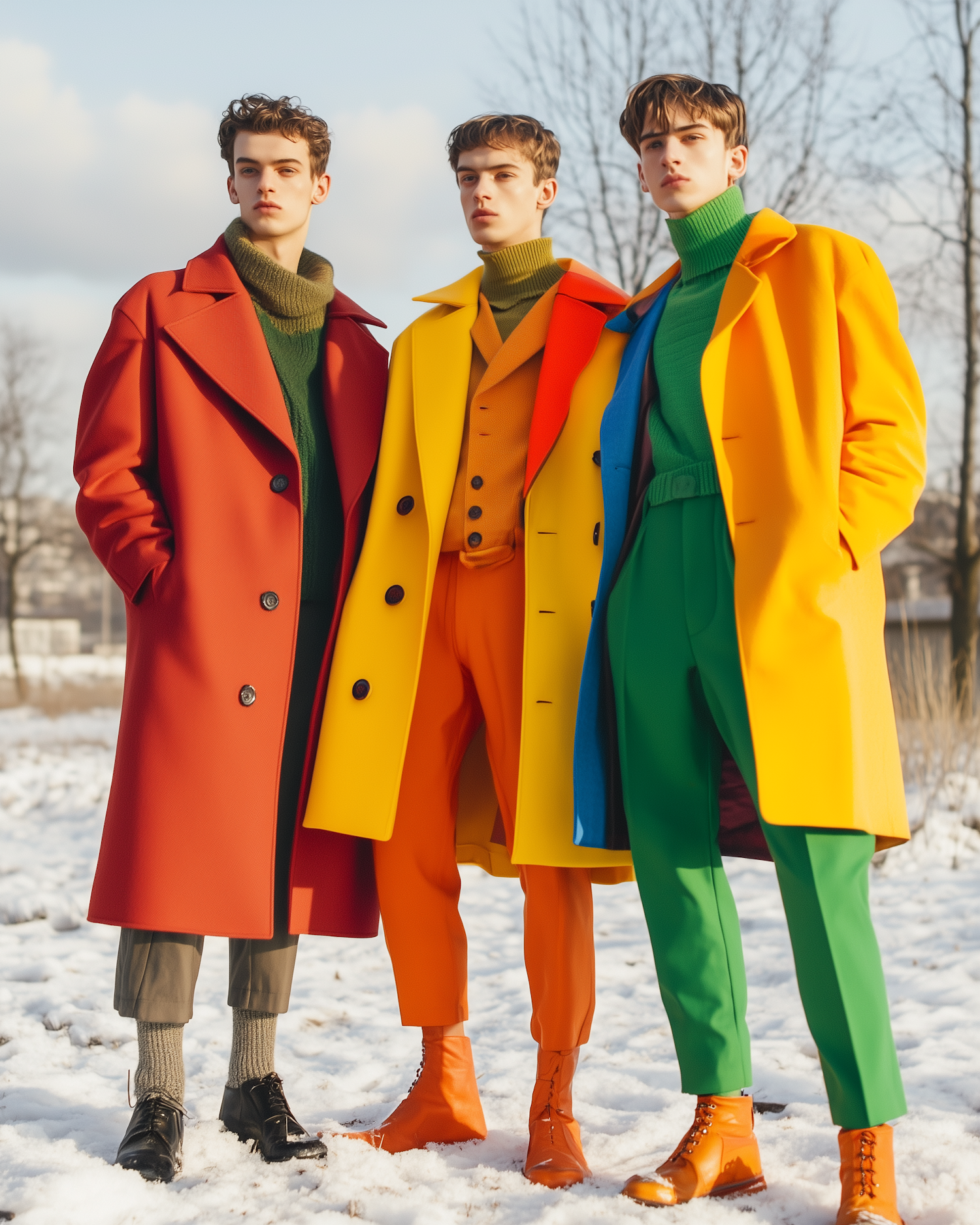 Fashionable Trio in Snowy Landscape