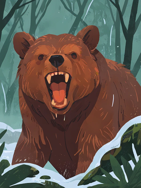 Roaring Bear in Forest