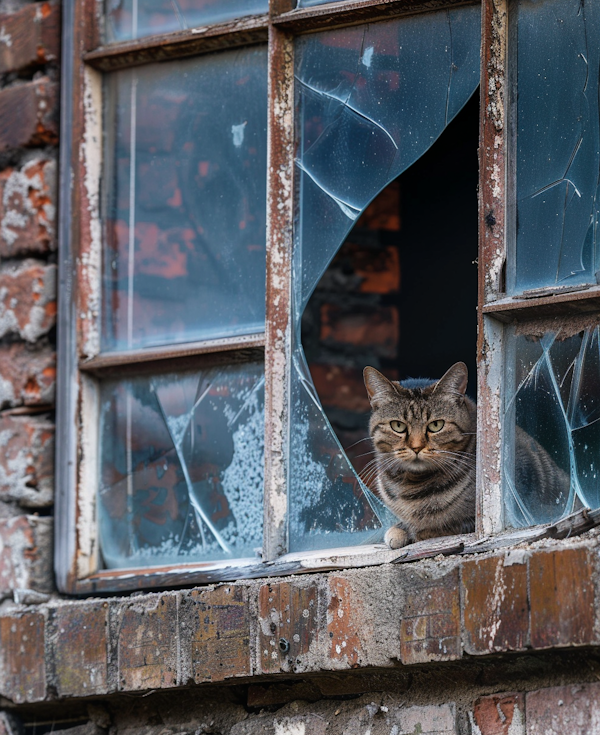 Resilient Tabby Cat in a Dilapidated Building Window