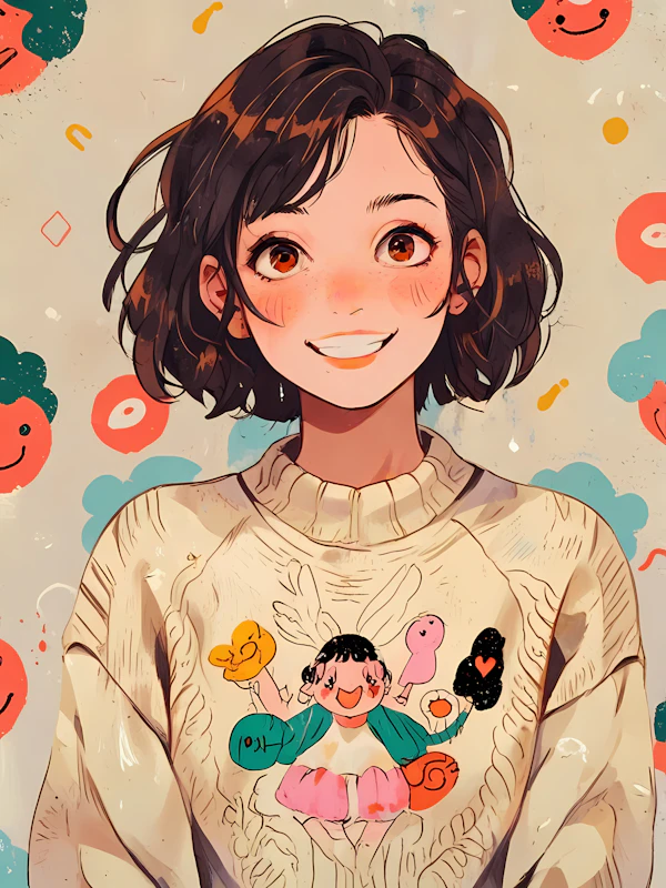 Cheerful Young Person with Artistic Sweater