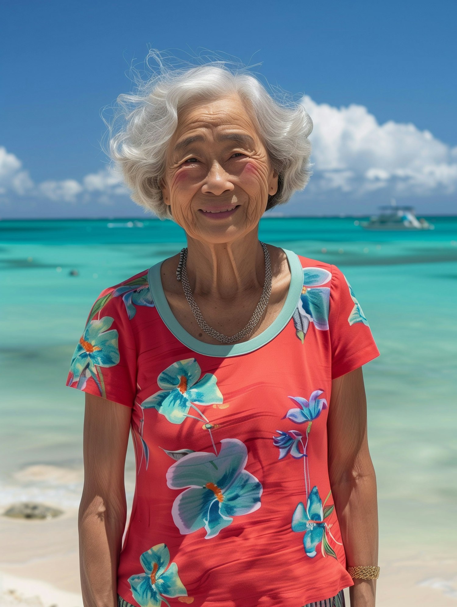 Elderly Asian Woman Enjoying the Sea