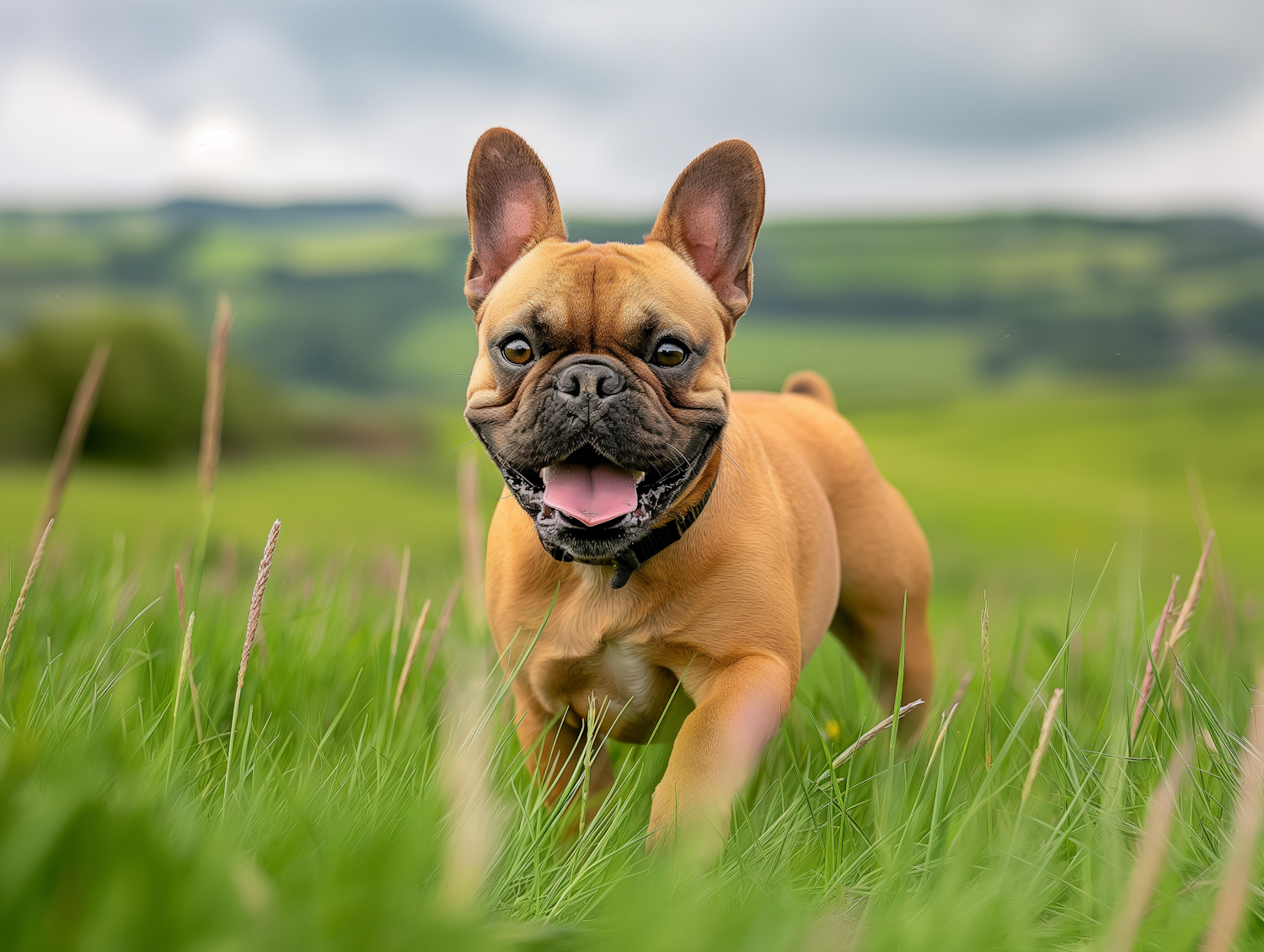 Playful French Bulldog in Green Field