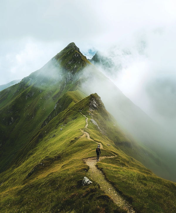 Solitary Hiker in Misty Mountains