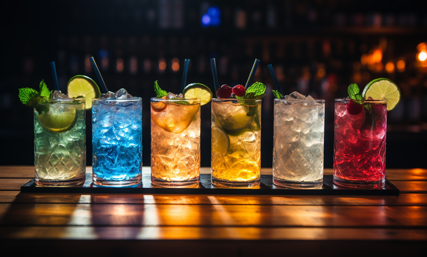 Spectrum of Cocktails on a Bar Counter