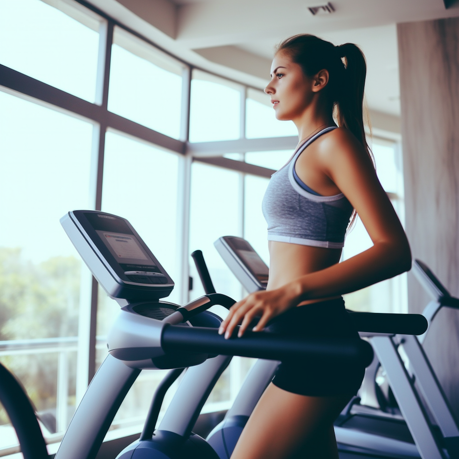 Concentrated Woman Exercising on Elliptical