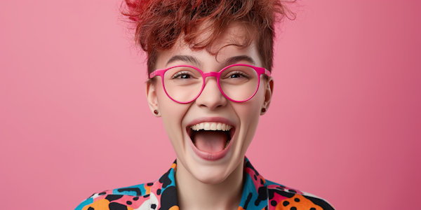 Portrait of Cheerful Young Adult with Vivid Attire on Pink Background