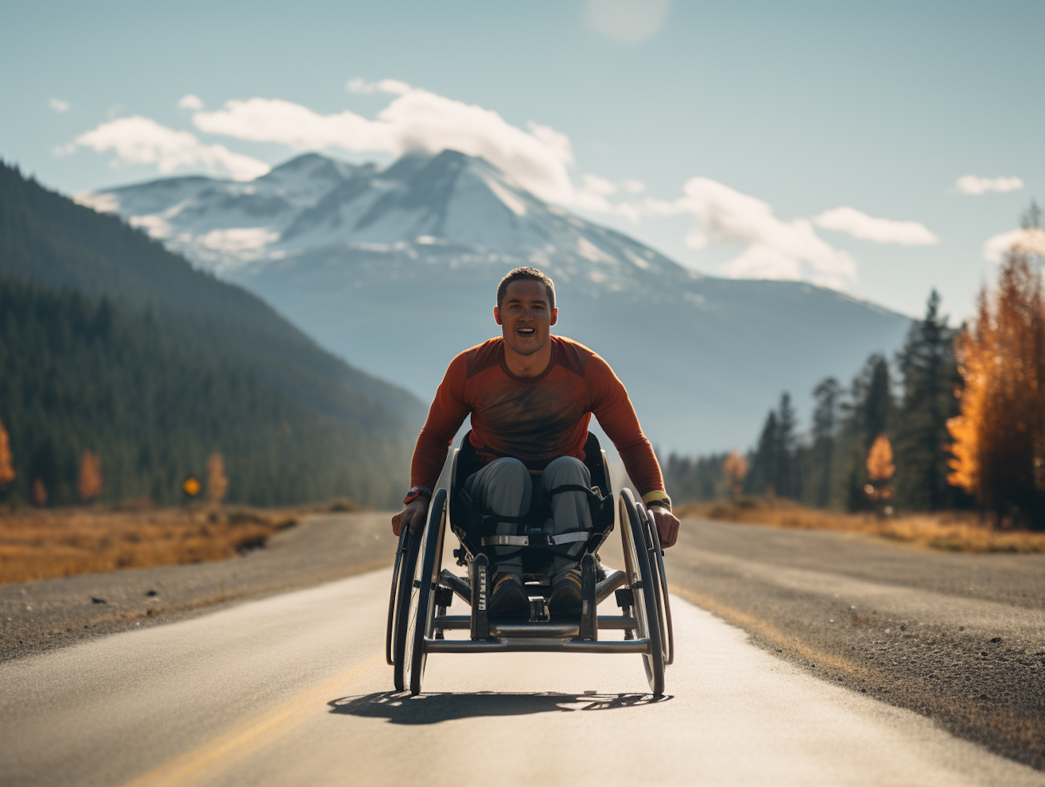 Determination in Motion: Wheelchair Athlete Amidst Mountain Majesty