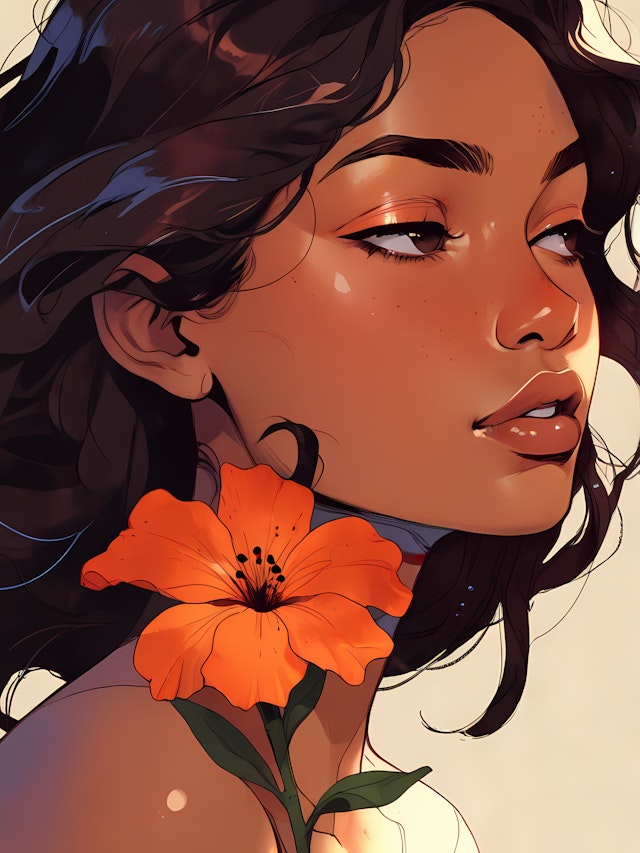 Serene Portrait with Orange Flower