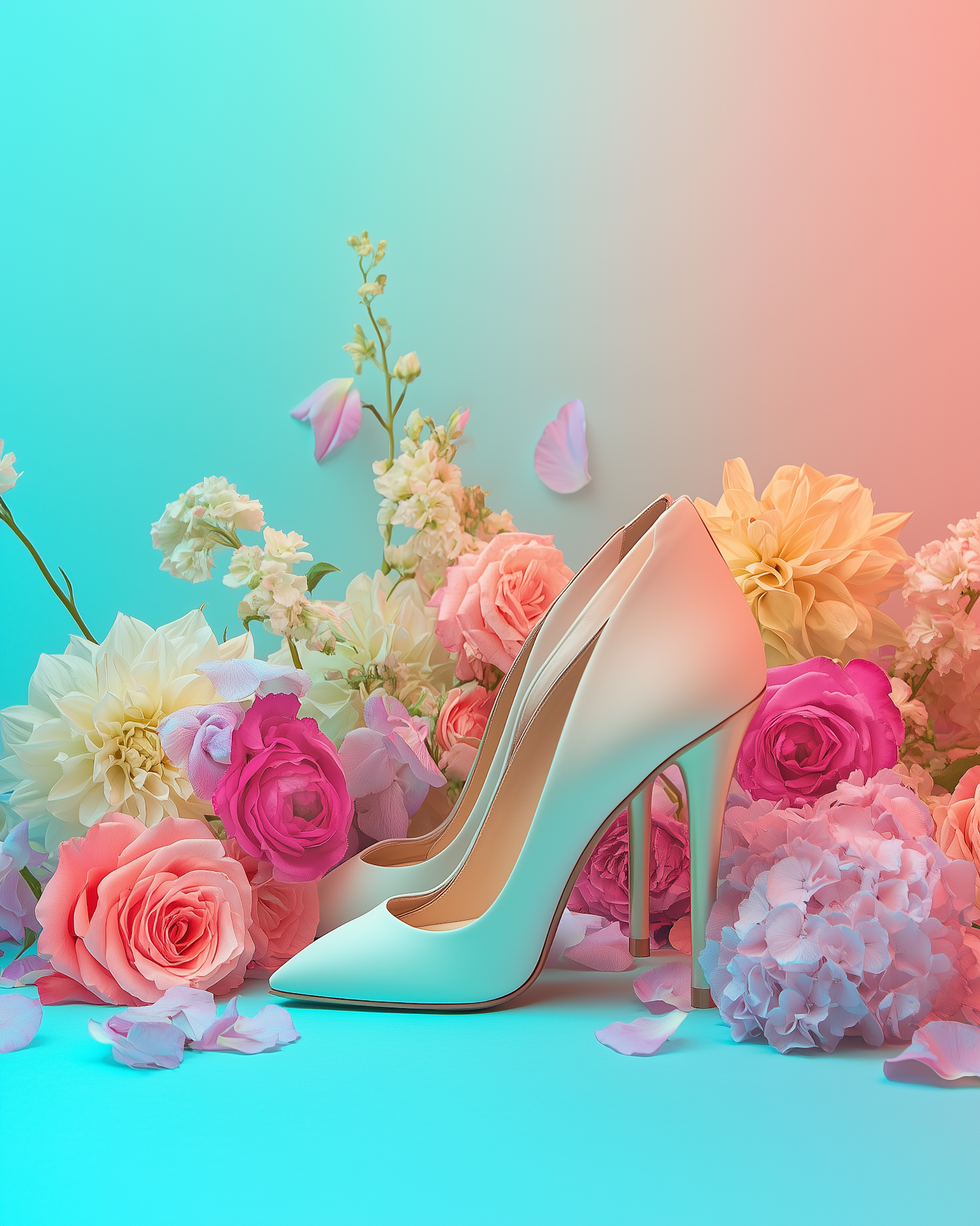 Elegant High-Heeled Shoes with Floral Backdrop