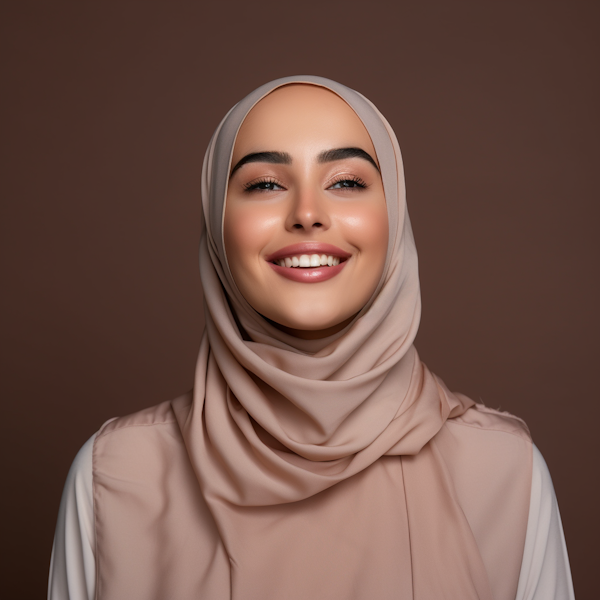 Elegant Taupe Hijab-Clad Woman with Radiant Smile