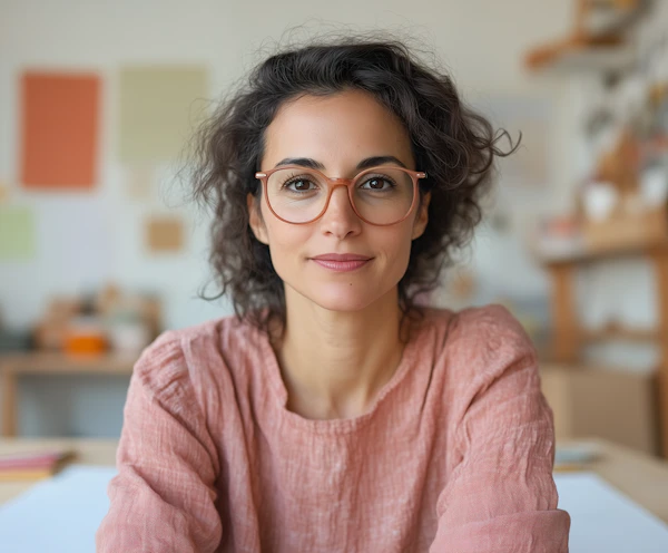 Portrait of a Woman with Curly Hair and Glasses