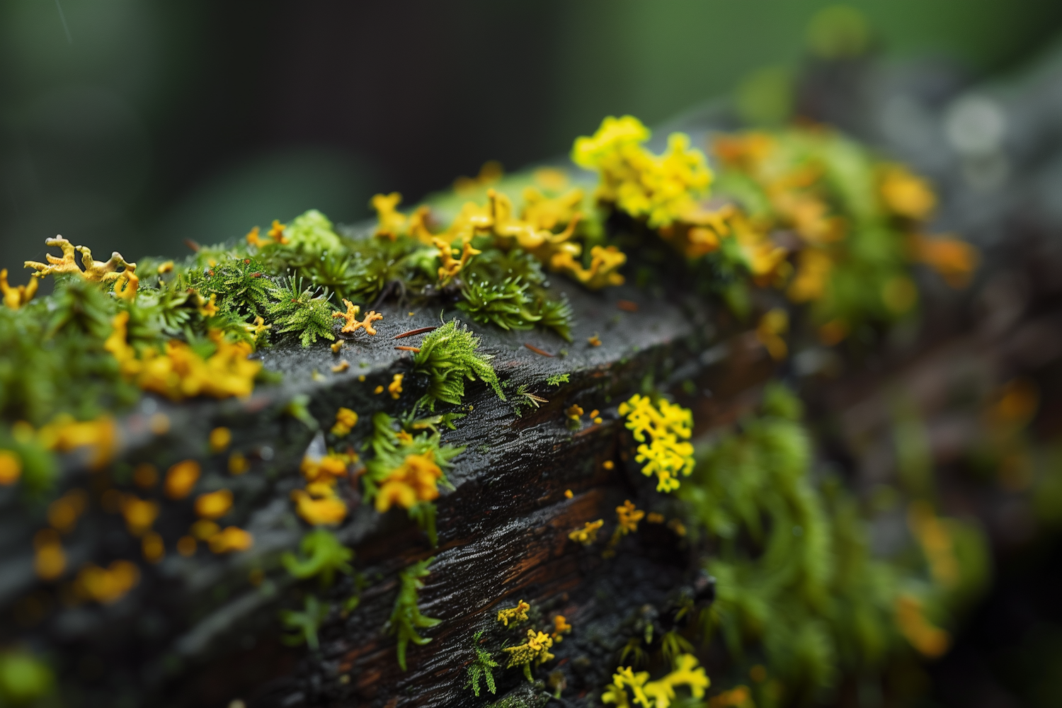 Moss-Covered Log with Yellow Lichen