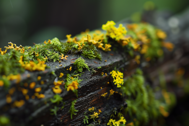 Moss-Covered Log with Yellow Lichen