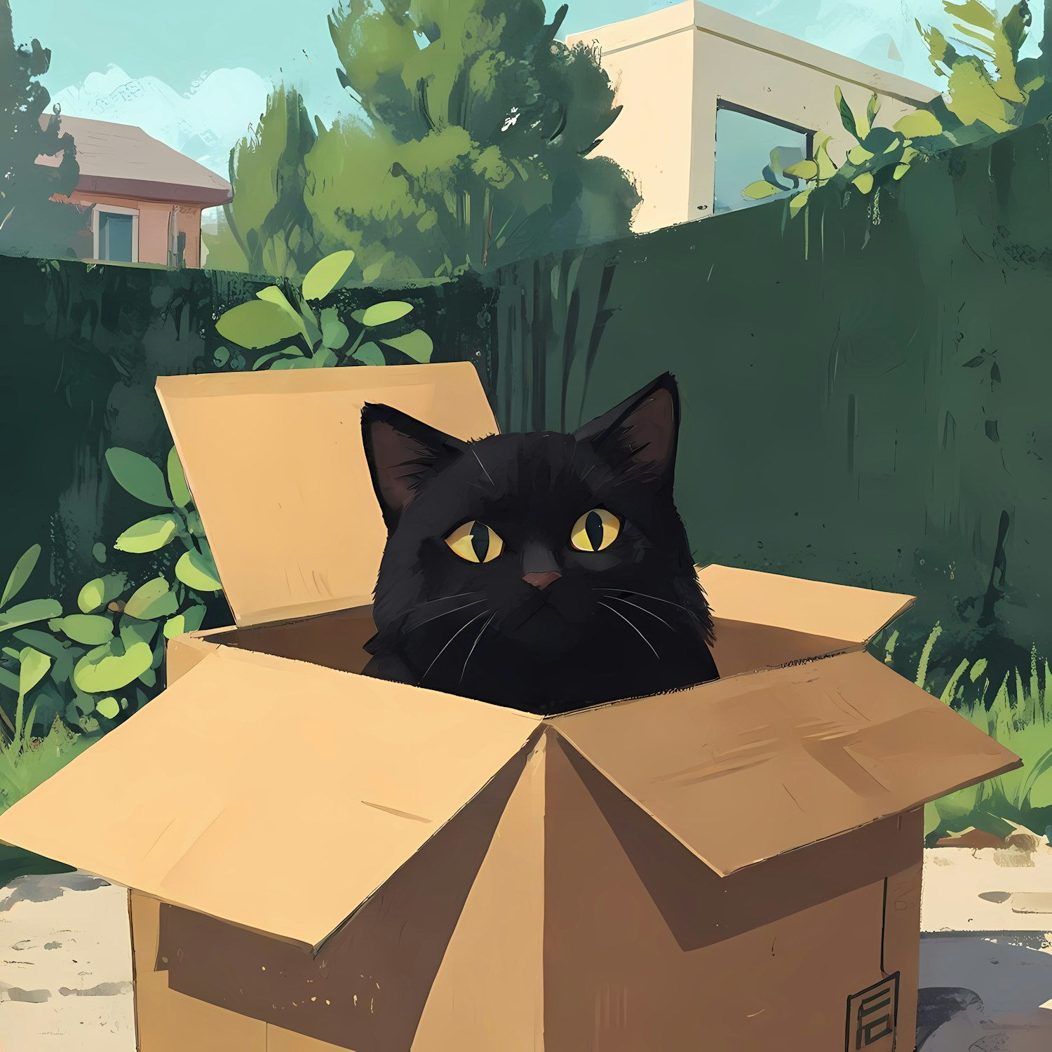 Curious Black Cat in Cardboard Box