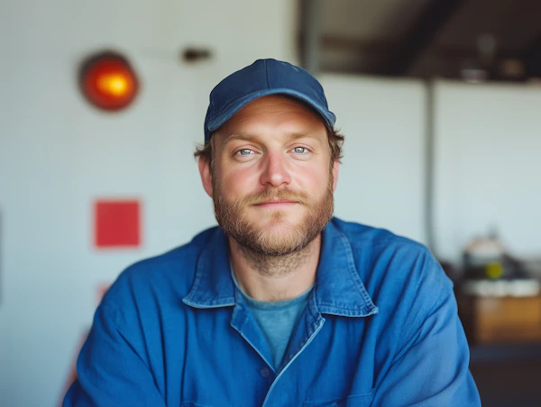 Man in Blue Cap and Work Shirt