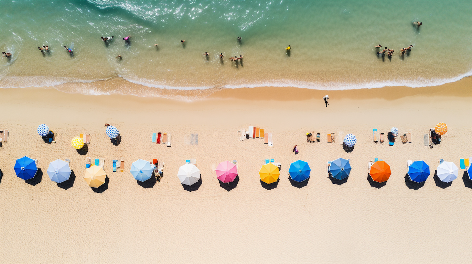 Vibrant Beach Aerial: Umbrellas and Waves