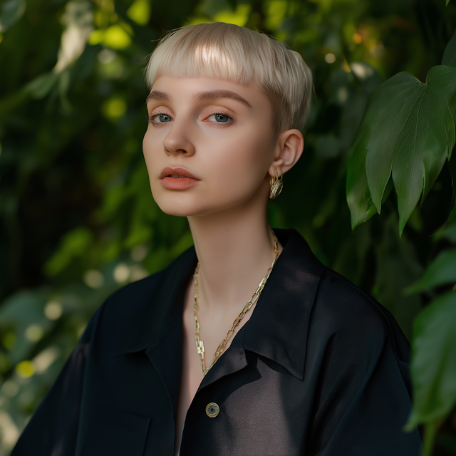 Portrait of a Blonde Woman with Pixie Cut in Nature