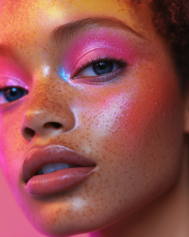 Close-up of Artistic Makeup on Freckled Face