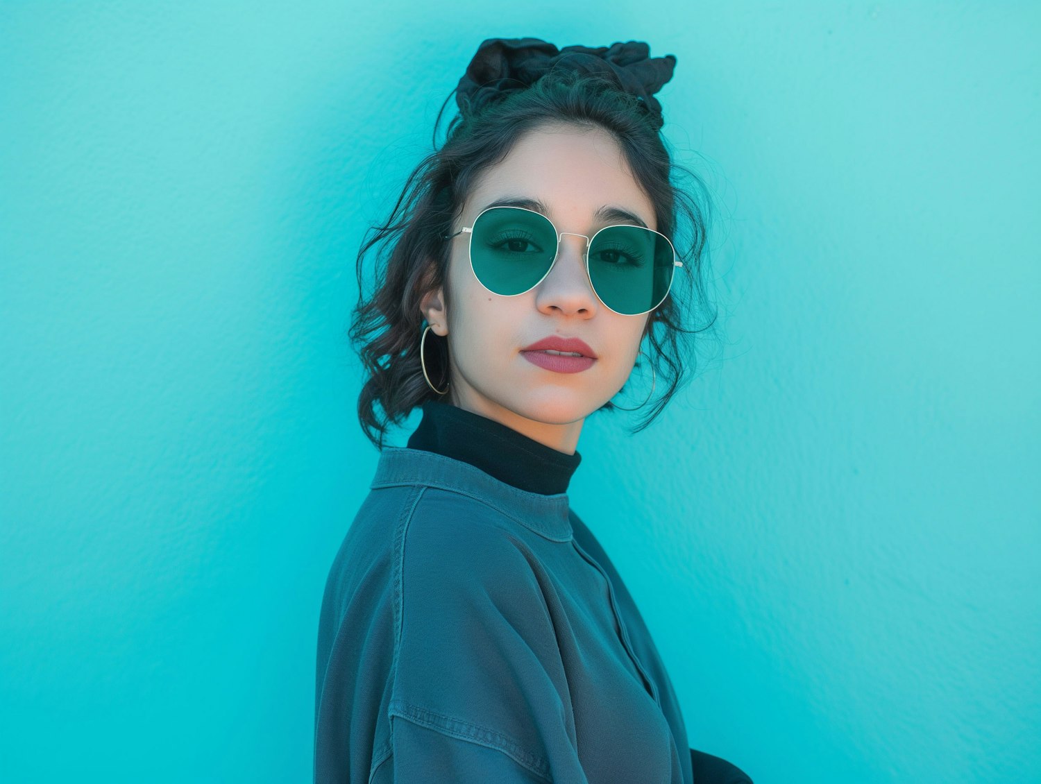 Fashionable Young Woman with Turquoise Background