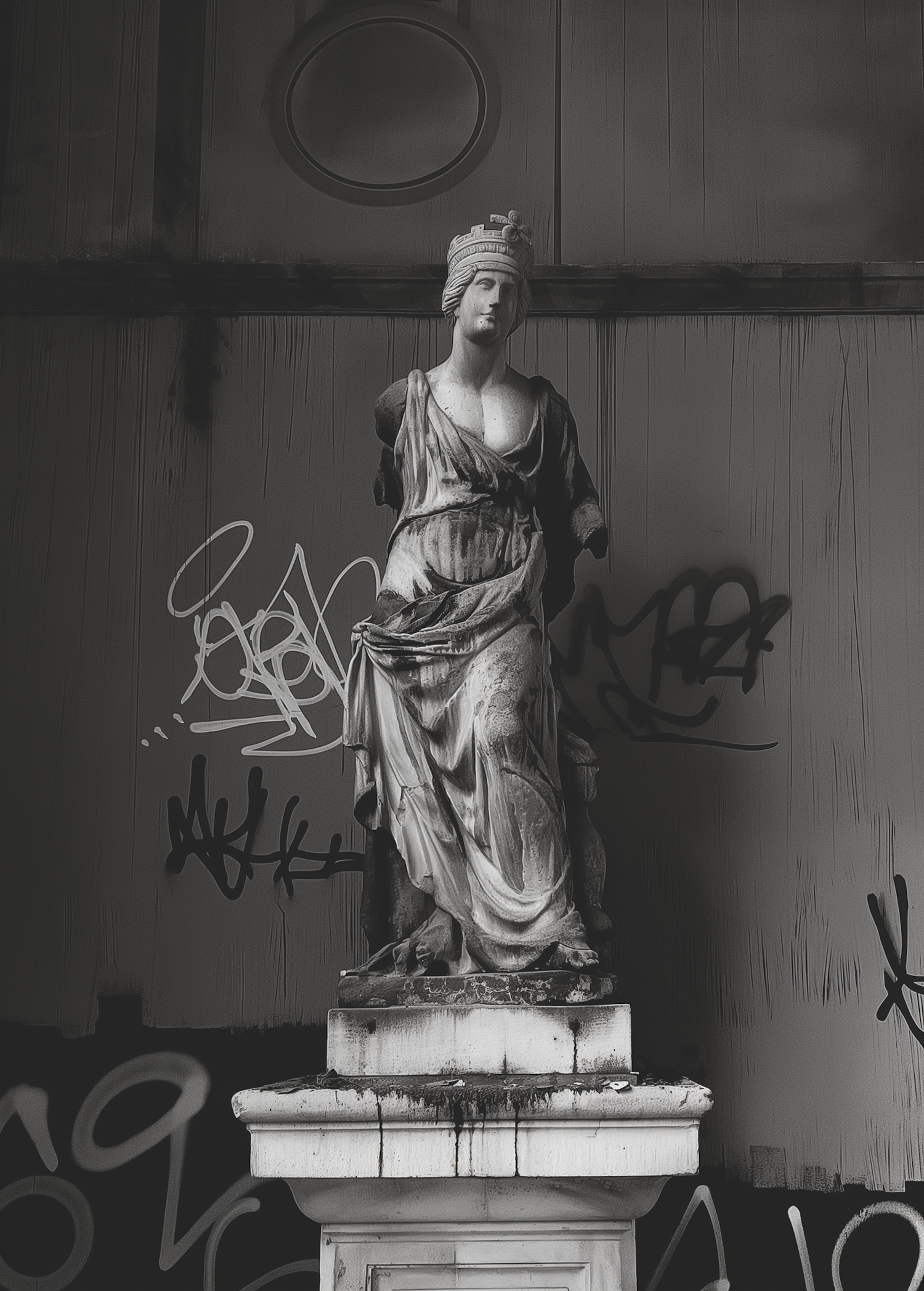 Statue and Graffiti Contrast