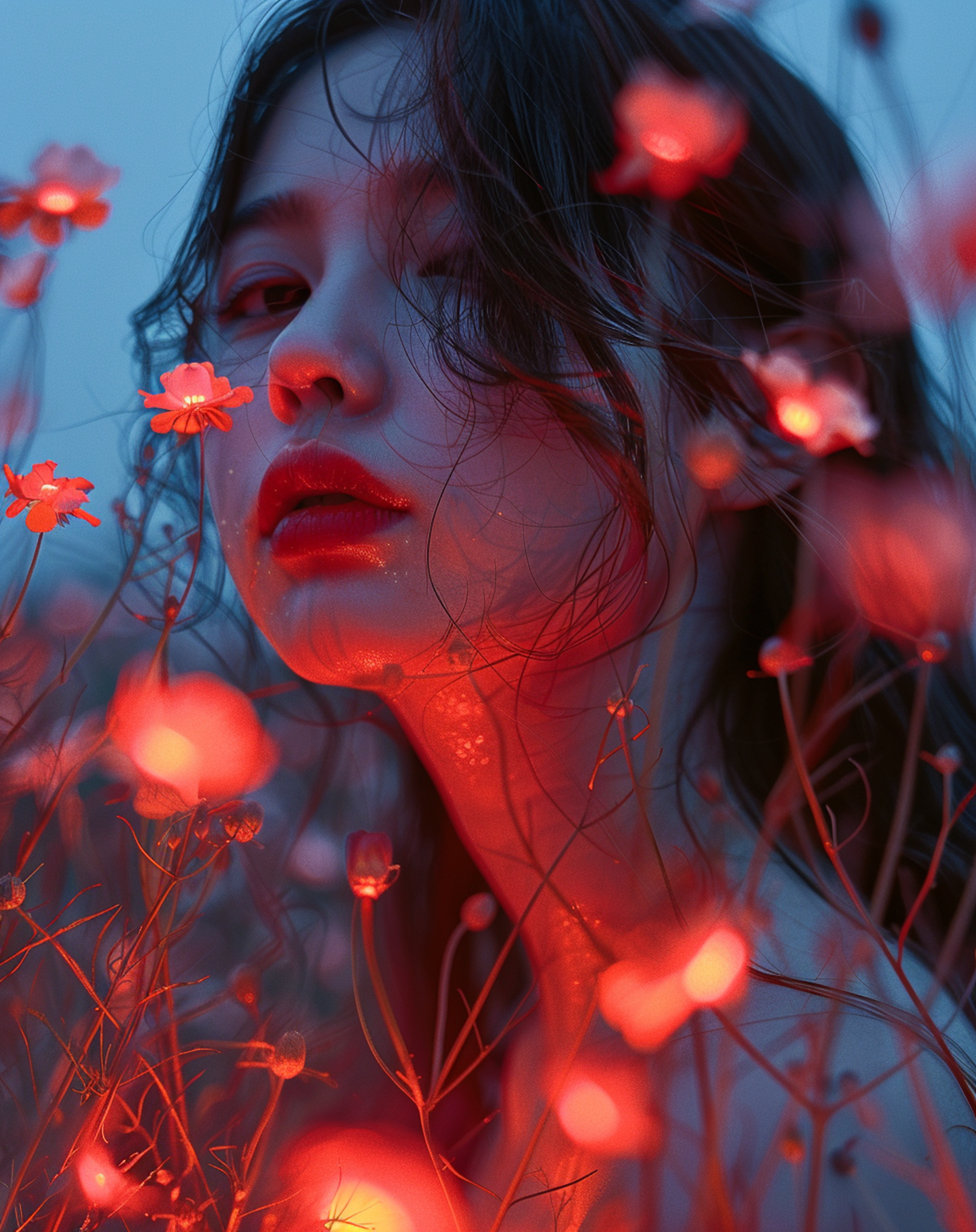 Mystical Portrait of a Woman with Red Flowers