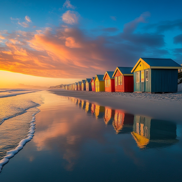 Colorful Beach Huts at Sunset