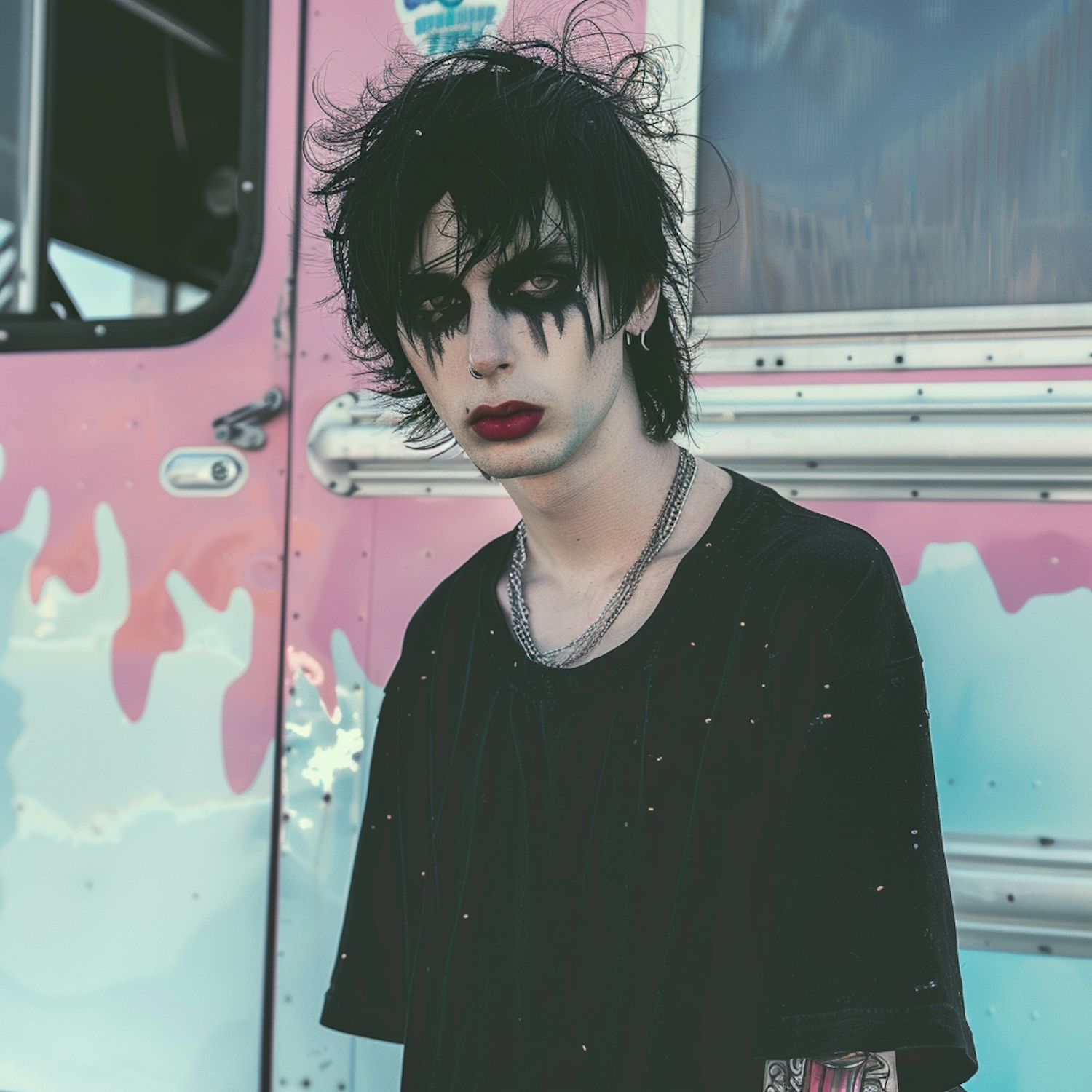 Gothic Style Portrait in front of Pink Bus