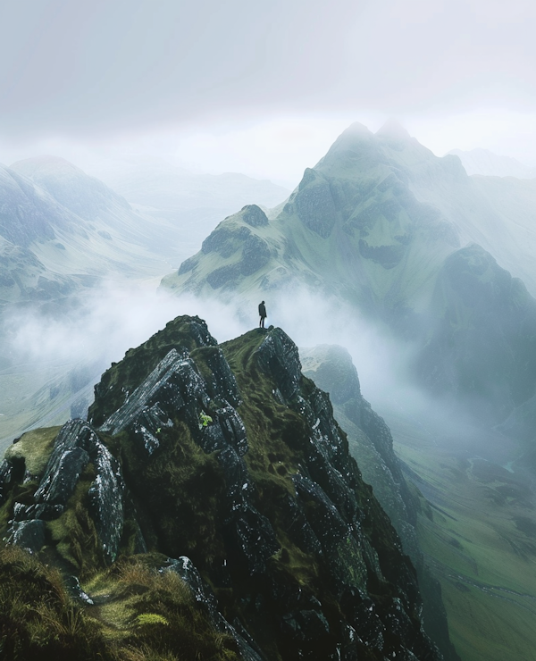 Lone Explorer on Misty Mountain Peak