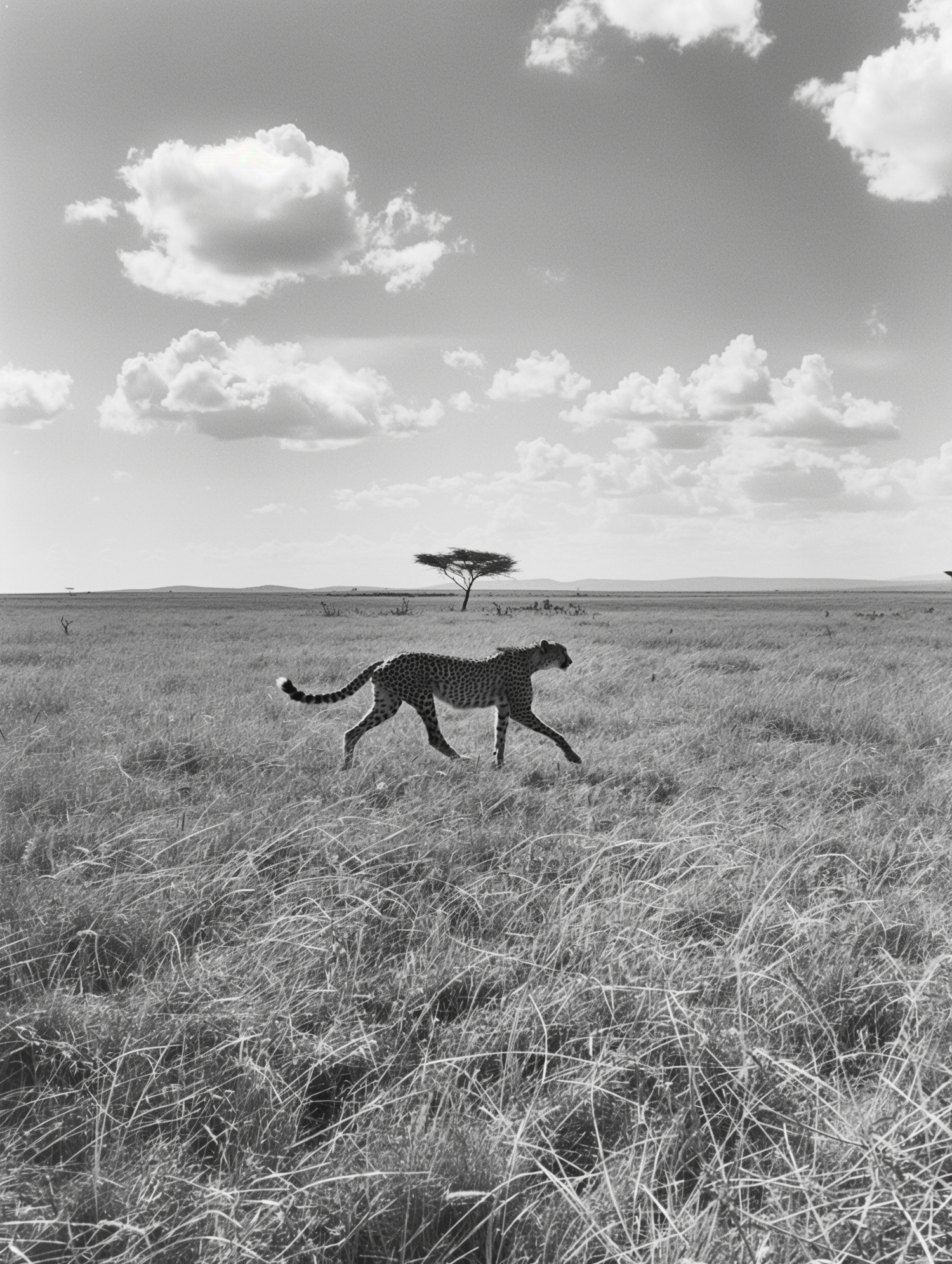 Cheetah in Motion - Black and White Savannah Landscape