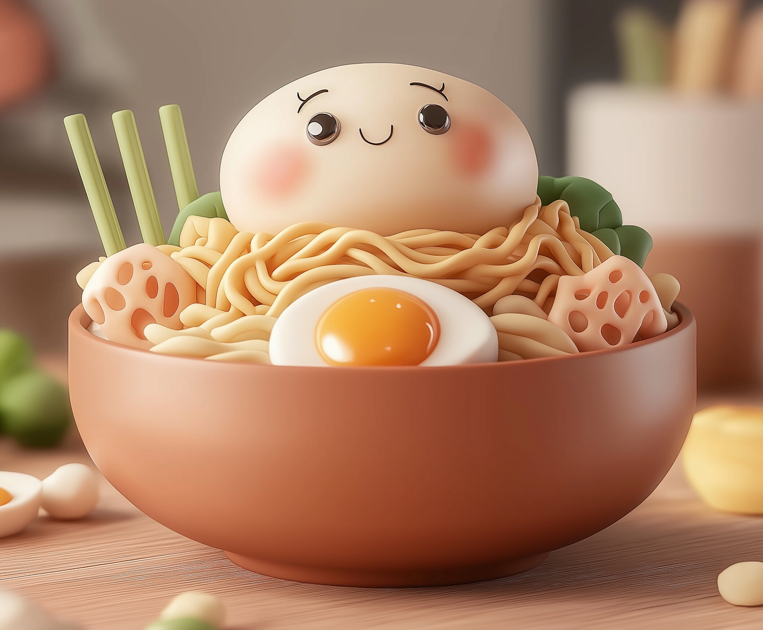 Anthropomorphic Egg Character in Noodles