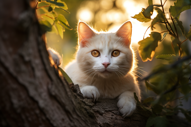 Golden-eyed White Cat in a Sunrise Tree Nook