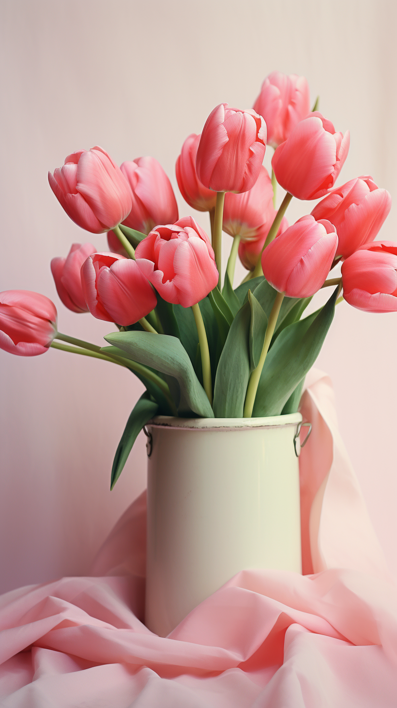 Vintage Elegance: Pink Tulips in a Pastel Green Bucket Photo on Lummi