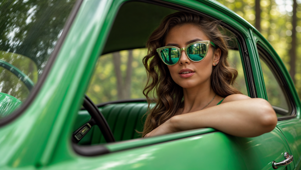 Elegant Woman in Vintage Green Car