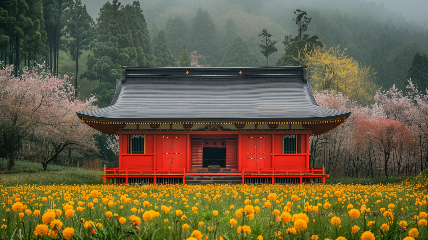 Traditional Japanese Building Amidst Nature