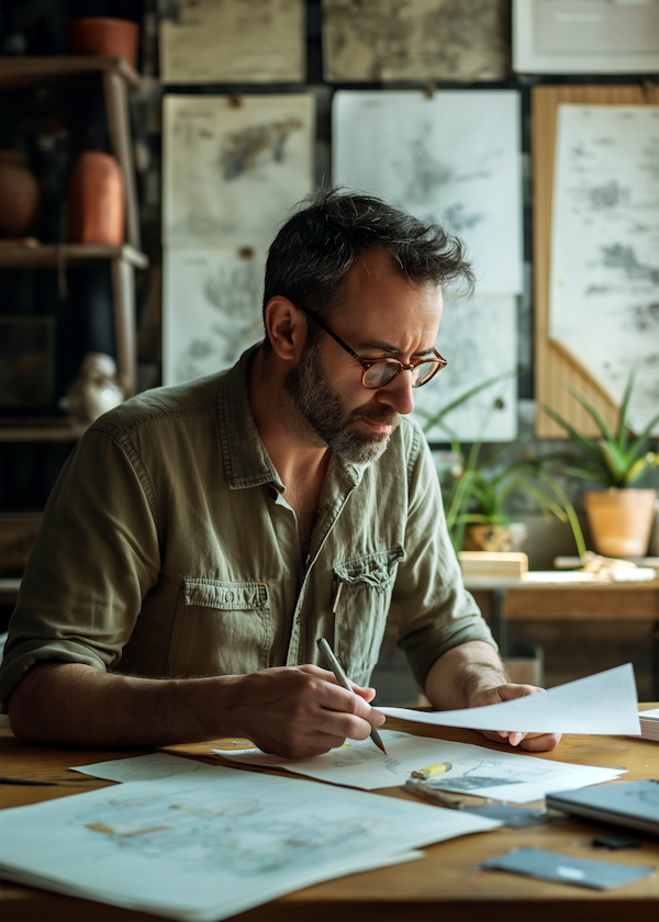 Man Working on Illustrations at Wooden Table