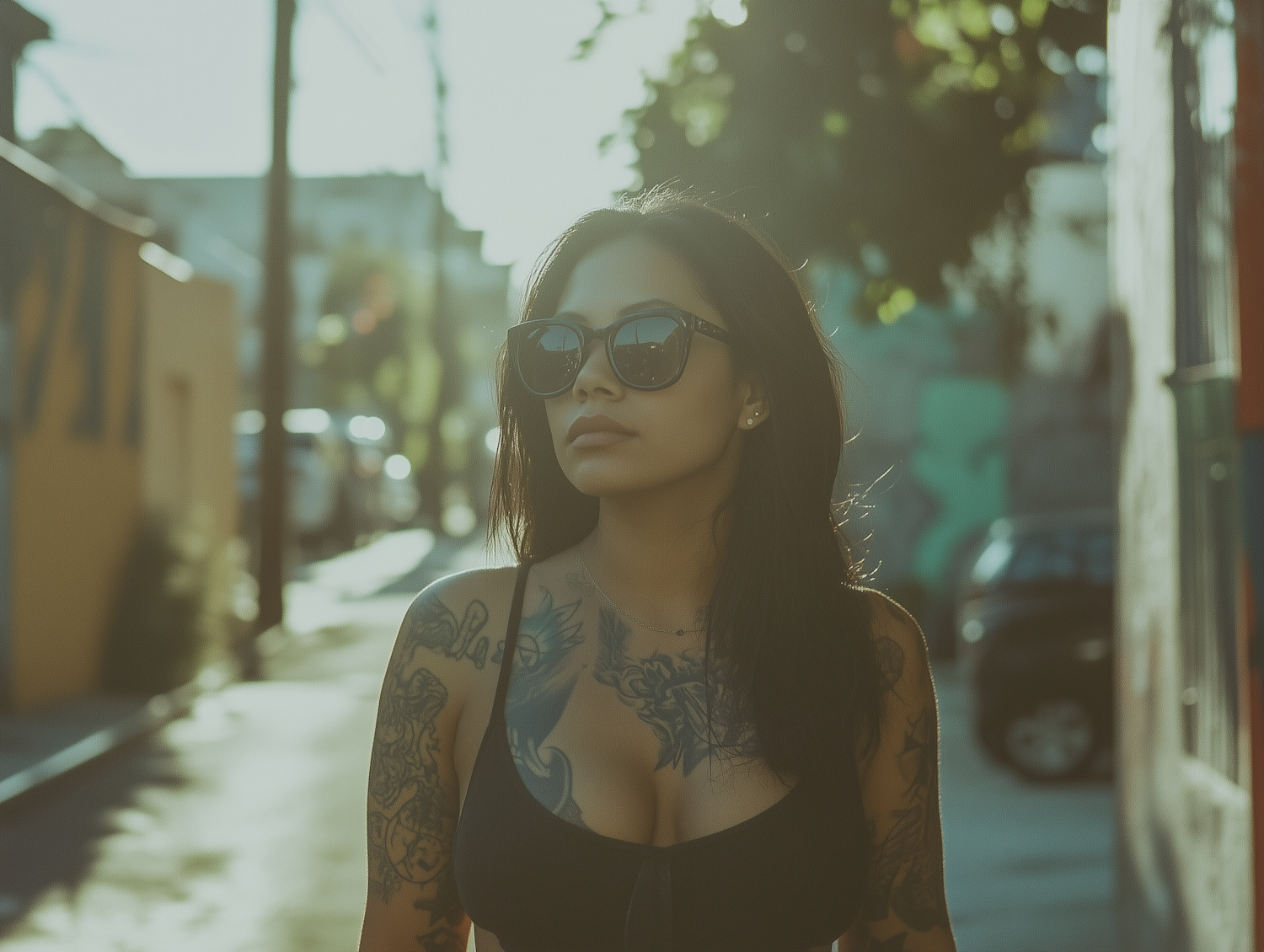 Woman Walking Down Sunlit Street