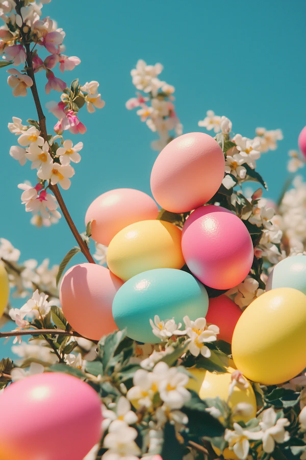 Springtime Celebration with Pastel Eggs and Flowers