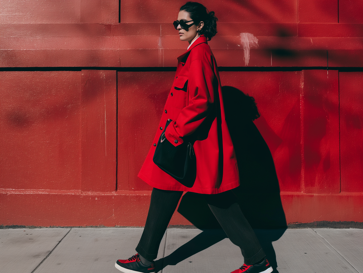 Stylish Woman in Red Against Red Wall