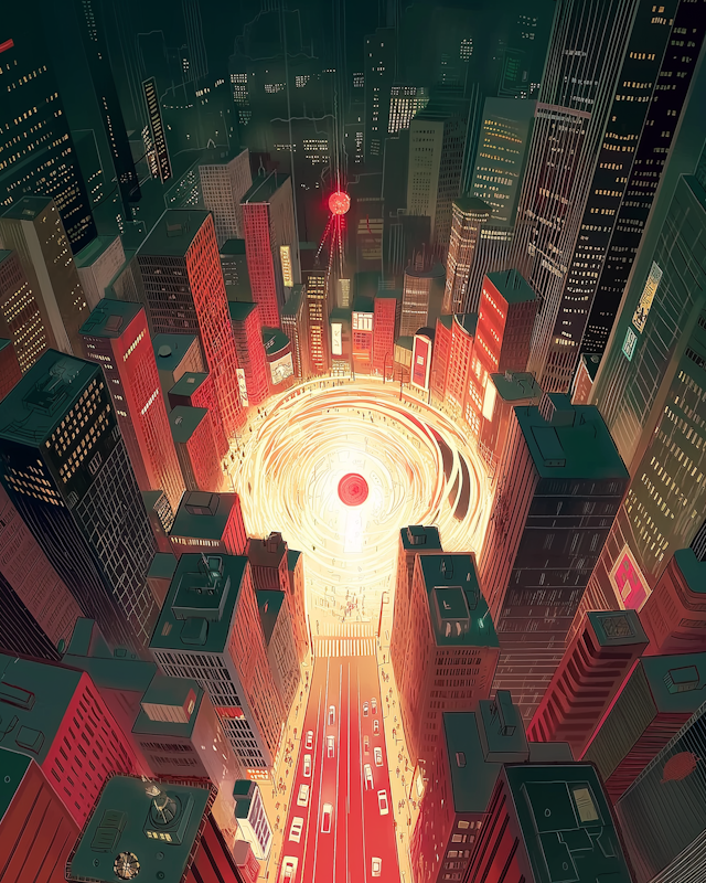 Futuristic Cityscape with Glowing Vortex