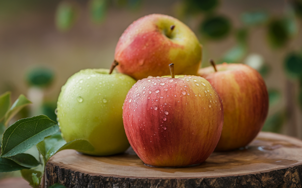 Fresh Wet Apples on Wooden Stump