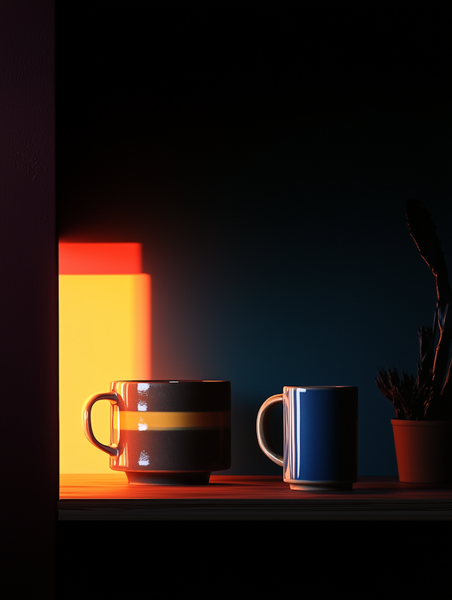 Mugs on Wooden Surface with Warm Light