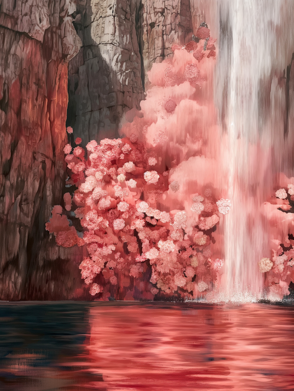 Cascading Waterfall with Cherry Blossoms