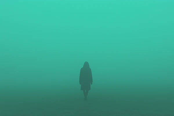 Solitary Figure in Foggy Landscape
