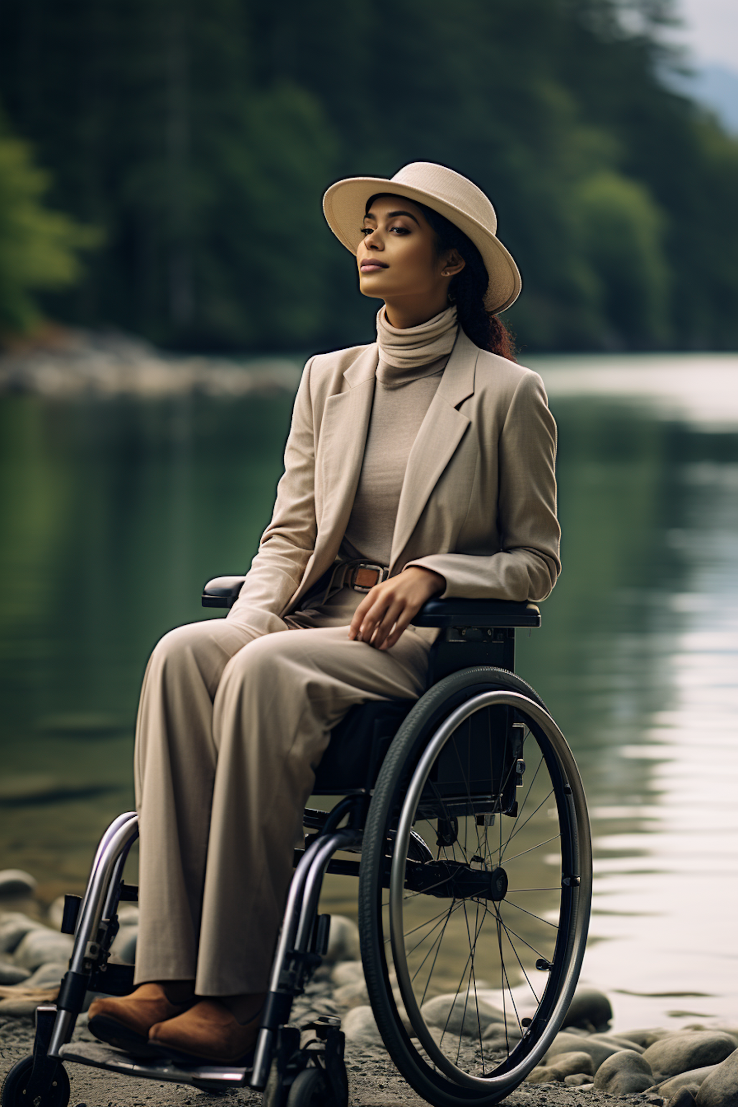 Serenity by the Shore: Portrait of a Poised Woman in Harmony with Nature