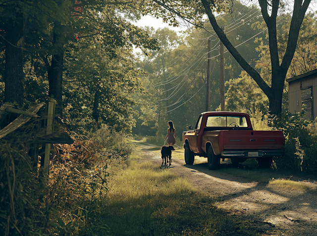 Rustic Serenity: Woman and Dog on a Country Road at Golden Hour