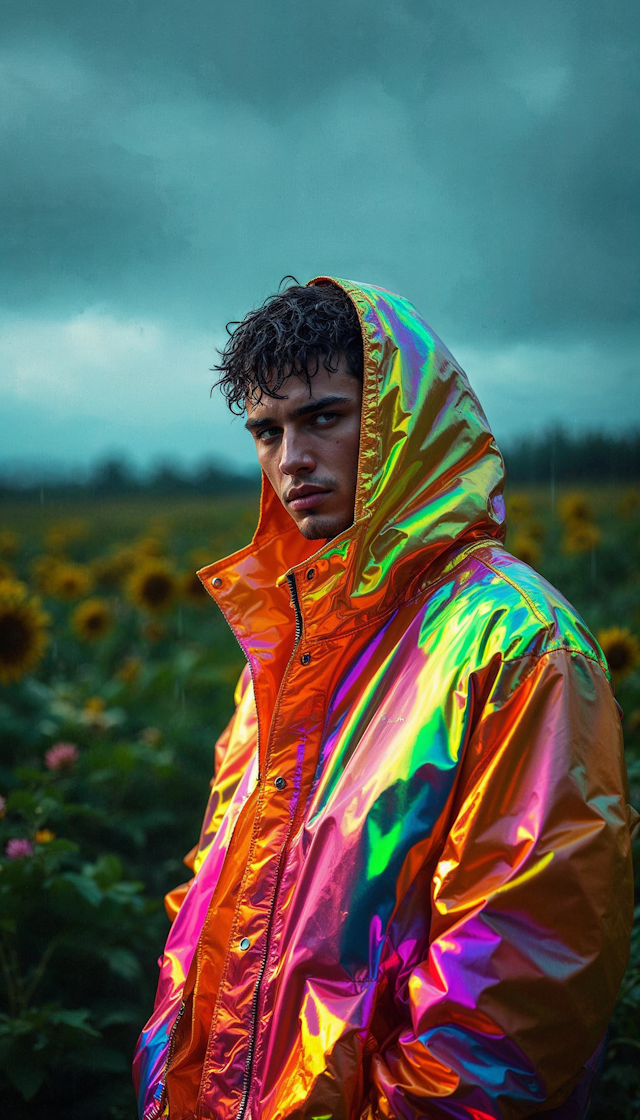 Man in Iridescent Jacket in Sunflower Field